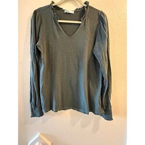 Sonoma Womens Green Long Sleeve V Neck Ruffle Trim Casual Top